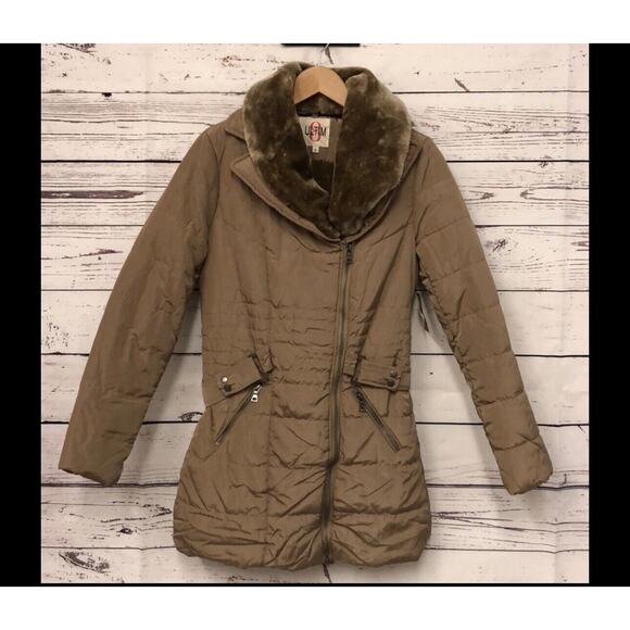 Ultim8 taupe tan faux fur lined Neck belted puffer parka Length Jacket Coat Sz M - Picture 2 of 7